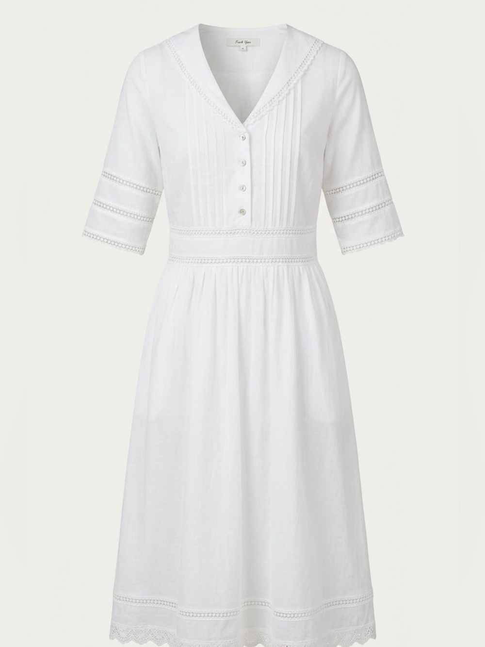 Simple Retro White Cotton Midi Dress Lace Trim Vintage Cottagecore Large